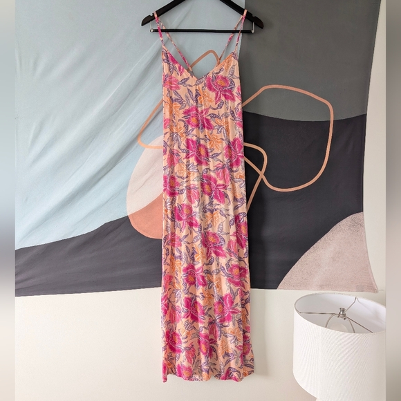 Old Navy Pink Orange Purple Floral Print V Neck Tie Back Slip Dress Midi - Picture 2 of 6